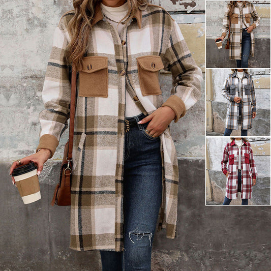 Cozy Women’s Plaid Long Jacket – Brushed Fabric Winter Coat with Pockets hanyelevate