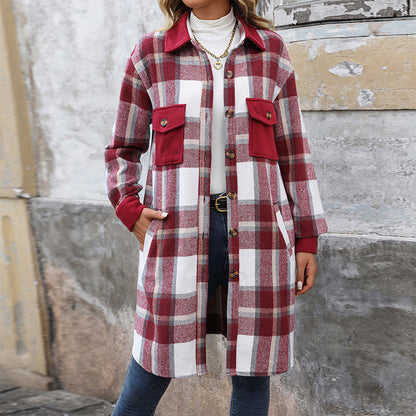 Cozy Women’s Plaid Long Jacket – Brushed Fabric Winter Coat with Pockets hanyelevate