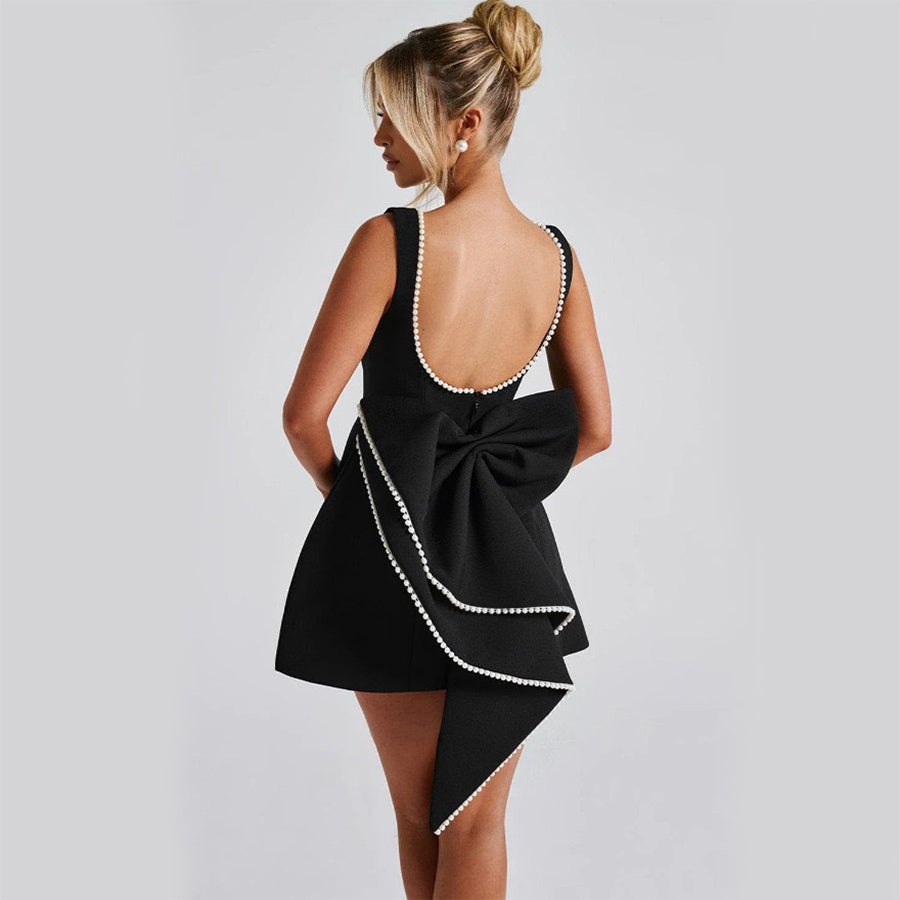 Elegant Backless A-Line Dress for Women – Sleeveless Slim Fit with Pearl & Bow Detail hanyelevate