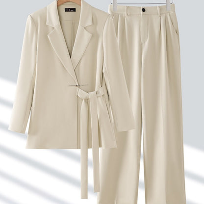 Women’s 2-Piece Suit Set – Long Sleeve Coat & Trousers | Polyester | Pink, Black, Milky White | S–3XL