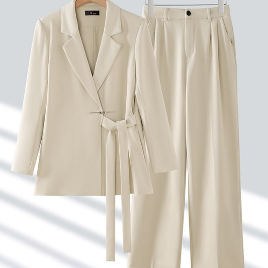 Women’s 2-Piece Suit Set – Long Sleeve Coat & Trousers | Polyester | Pink, Black, Milky White | S–3XL