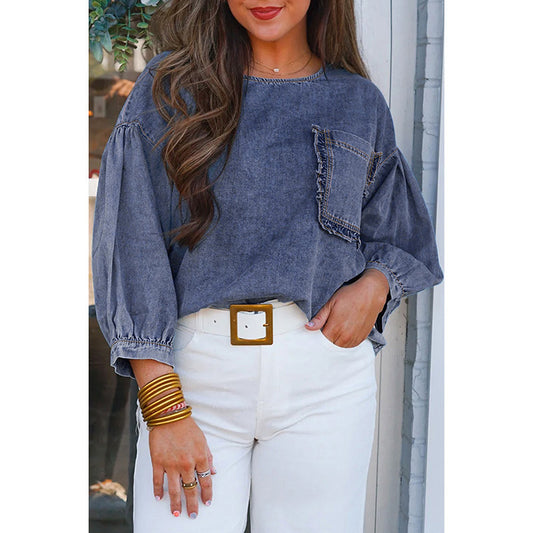 Women’s Loose Cotton Pullover – Long Sleeve Casual Top (Dark Blue)
