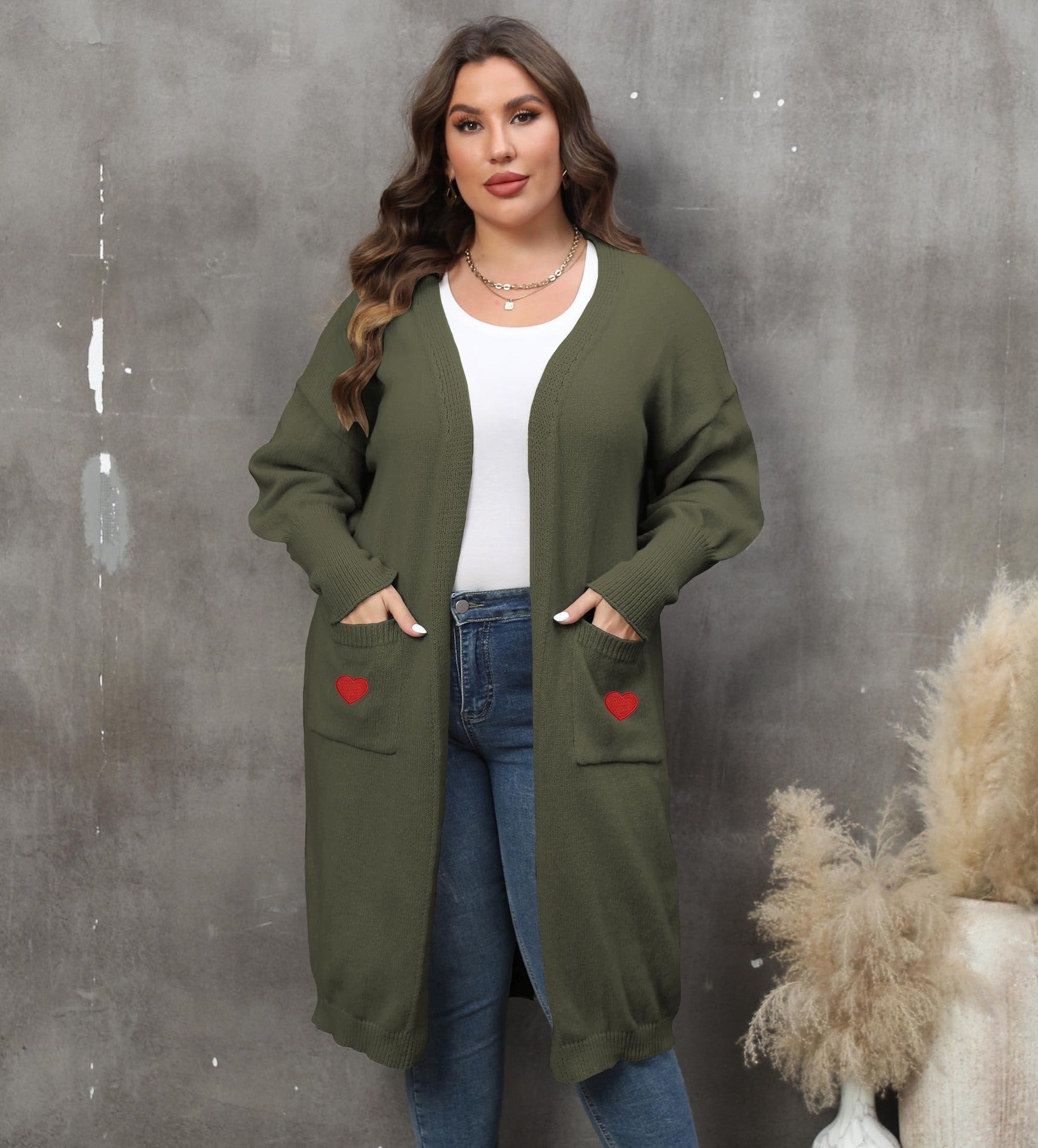 Plus Size Mid-Length Knit Cardigan for Women – Love Pattern, Lantern Sleeves, and Pockets hanyelevate