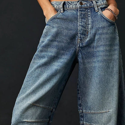 High Stretch Mid-Rise Barrel Jeans Fashion Wide Leg Shape Women Casual Baggy Mid Waist Denim Jeans hanyelevate