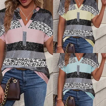 Women’s Summer V-Neck Striped Short Sleeve Top – Casual, Lightweight, and Trendy for Warm Weather hanyelevate