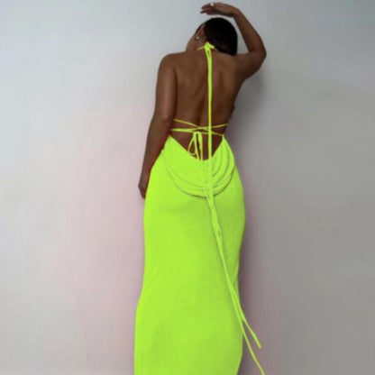 Women’s Halter Neck Sleeveless Dress – Yellow Mid Waist Polyester Summer Outfit