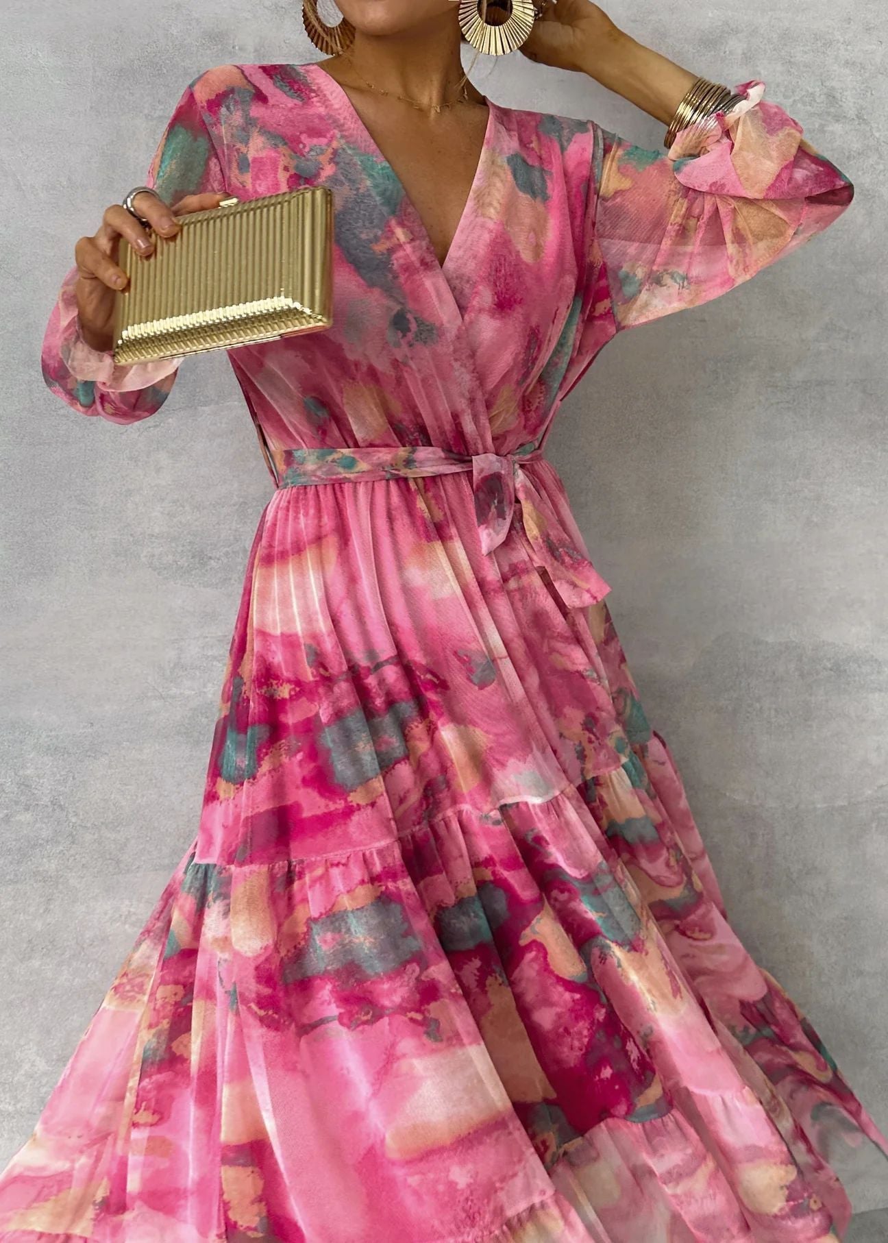 Women’s Floral Chiffon Maxi Dress – Long Sleeve, V-Neck, High-Waisted, Elegant Swing Style hanyelevate