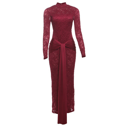 Women’s Solid Color Lace Asymmetric High Waist Long Skirt – Wine Red