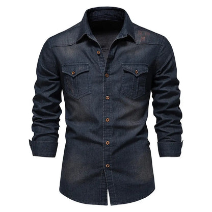 Men’s Long-Sleeve Slim Fit Denim Shirt – Casual Button-Up Top hanyelevate