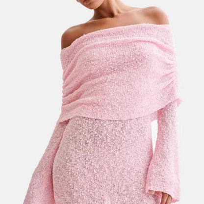 Women’s Spring Summer Knitted Mini Dress – Off Shoulder Long Sleeve Bodycon Party Dress hanyelevate