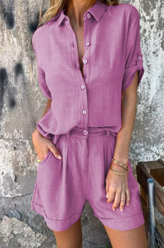 Trendy Women’s Short Sleeve Suit Set – Lapel Shirt and Shorts with Pockets hanyelevate