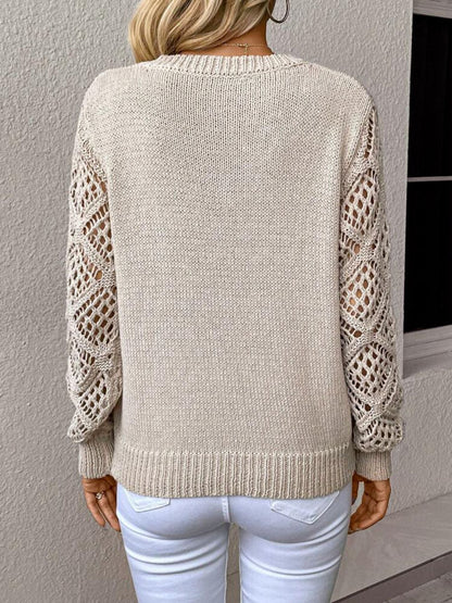 Solid V-Neck Hollow Sleeve Pullover Sweater – Women’s Fashion Long Sleeve Top hanyelevate