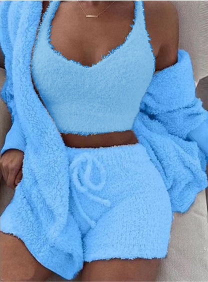 3pcs Womens Clothing Long Sleeve Crop Tank Top And Drawstring Shorts Pajama Set hanyelevate