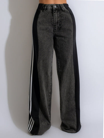 2025 Fashion Casual High Waist Elastic Straight Leg Denim Trousers – Three Stripe Patchwork Wide Leg Pants hanyelevate