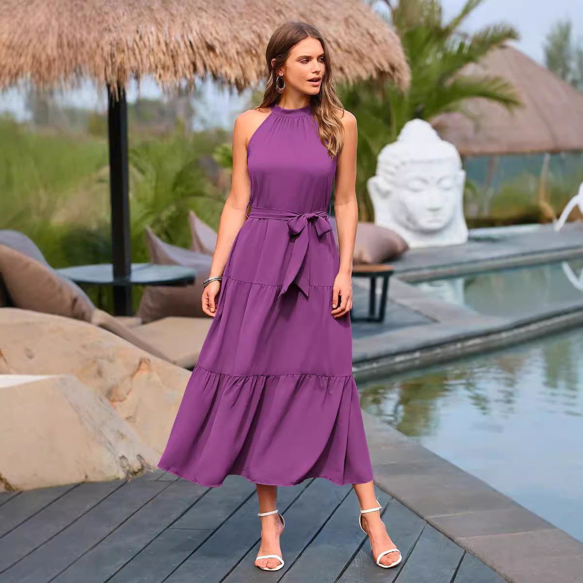 Women’s European & American Style Cake Dress – Lace-Up Long Sleeveless Dress