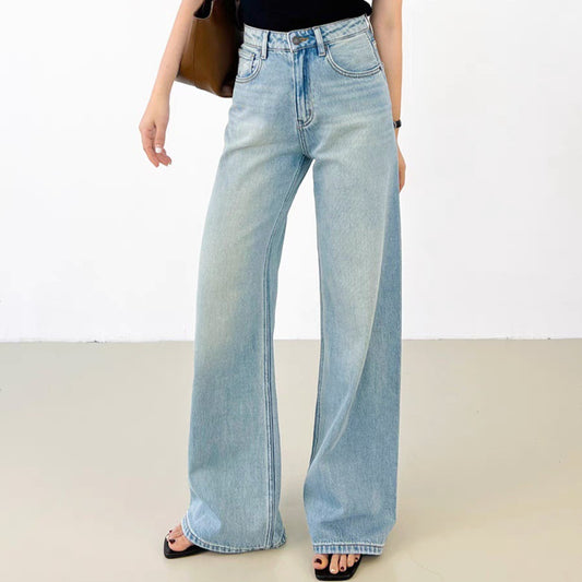 Women’s High Waist Wide Leg Cotton Jeans – Retro Straight-Leg Trousers | Washed Denim Style | XS–XL