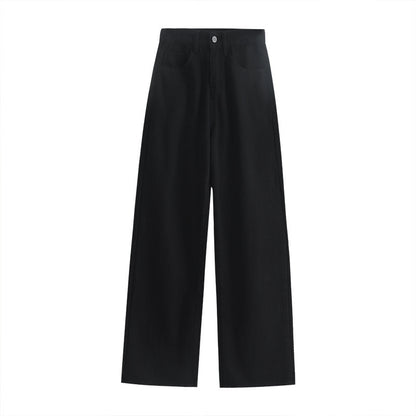 Women’s High-Waist Cotton Straight Pants – Long Length, Retro Style, Stretch Fabric