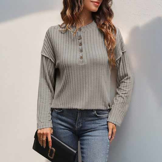 Women’s Japanese Korean Casual Pullover – Khaki Hollow Stripe Top with Button Detail | S–XL