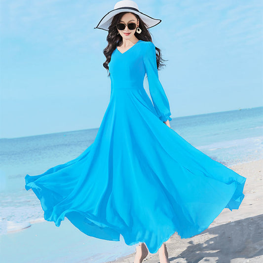 Women’s Chiffon/Polyester Large Swing Dress – Long Sleeve, Solid Color, Urban Temperament Commute Style