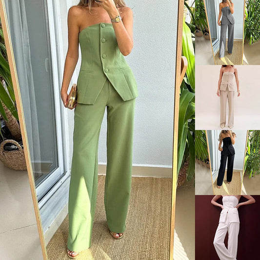 Women’s Tube Top and Pants Set – Sleeveless Button Top with Straight Trousers hanyelevate