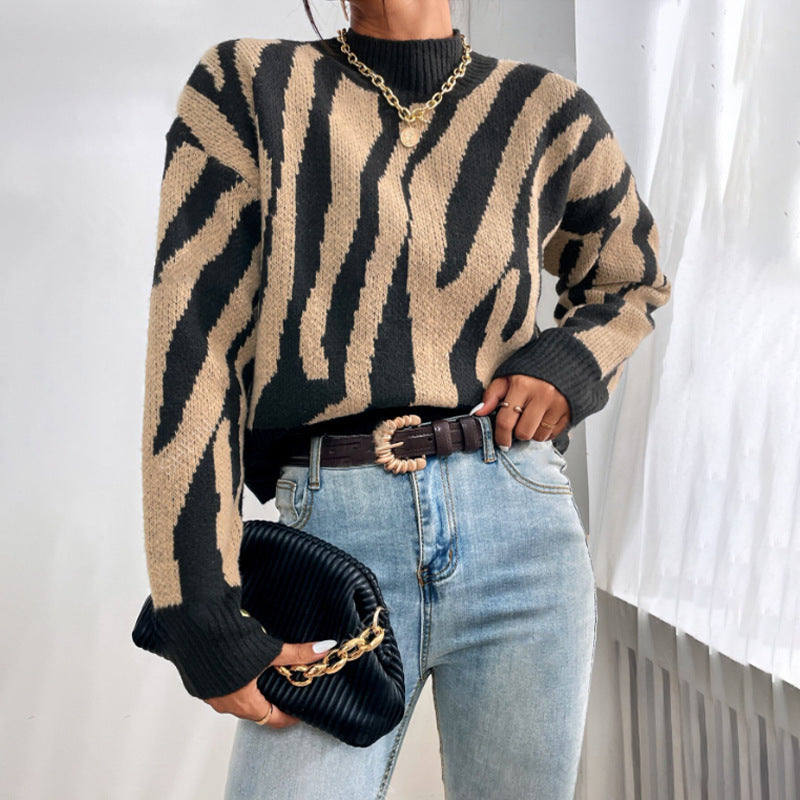 Women’s Animal Print Pullover Sweater – Loose Fit | S–XL | Khaki, Pink, Caramel hanyelevate