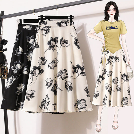 Women’s Floral Chiffon A-Line Skirt – Long Maxi Skirt | Temperament Commute Style | White & Black | M–4XL