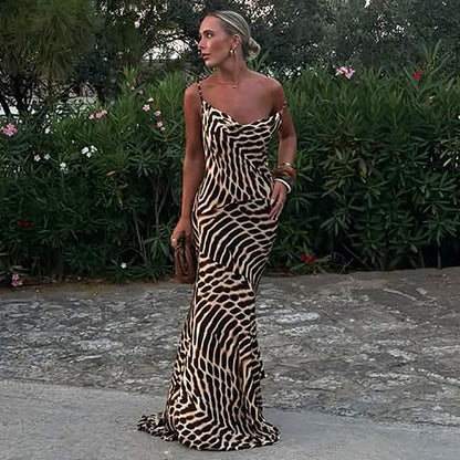 Women’s Brown Printed Sling Dress – High Waist Vacation Style