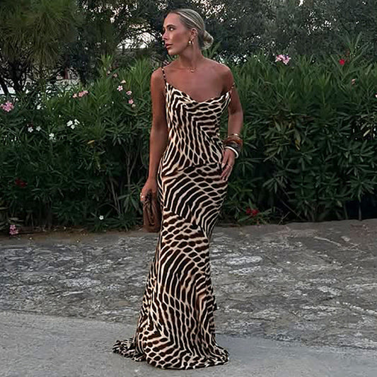 Women’s Brown Printed Sling Dress – High Waist Vacation Style