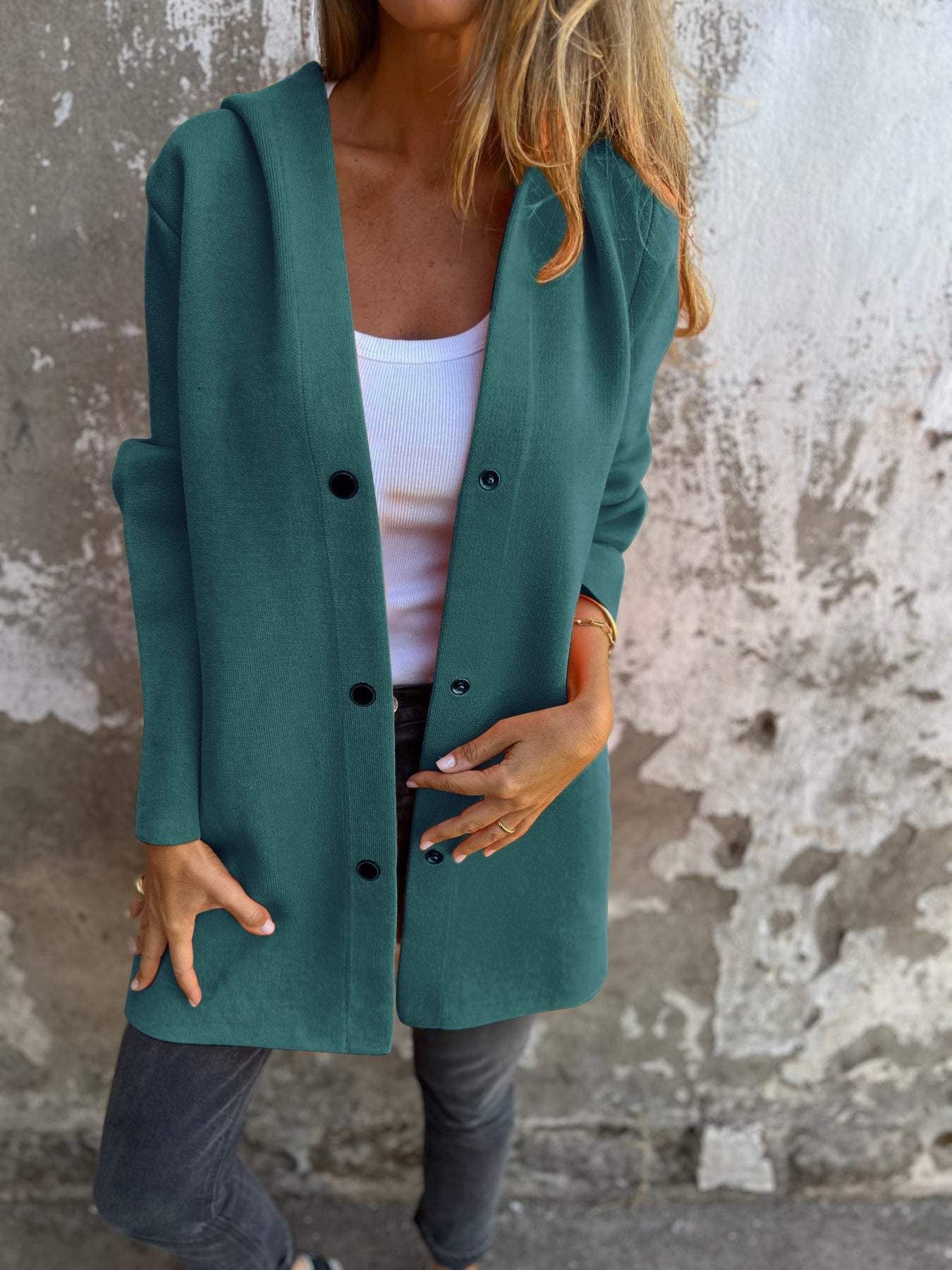 Women’s Casual Hooded Single-Breasted Cardigan – Loose Solid Color Jacket for Spring & Autumn hanyelevate