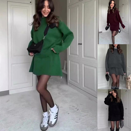 Women’s 2-Piece Sweater Skirt Set – Knit Long Sleeve Pullover & High Waist Mini Skirt hanyelevate