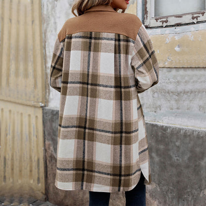 Cozy Women’s Plaid Long Jacket – Brushed Fabric Winter Coat with Pockets hanyelevate