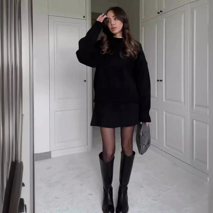 Women’s 2-Piece Sweater Skirt Set – Knit Long Sleeve Pullover & High Waist Mini Skirt hanyelevate