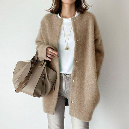 Autumn & Winter Women’s Solid Color Cardigan – Loose Round Neck Single Breasted Coat hanyelevate