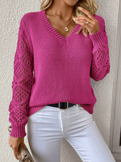 Solid V-Neck Hollow Sleeve Pullover Sweater – Women’s Fashion Long Sleeve Top hanyelevate