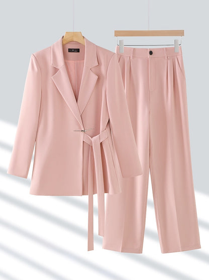 Women’s 2-Piece Suit Set – Long Sleeve Coat & Trousers | Polyester | Pink, Black, Milky White | S–3XL