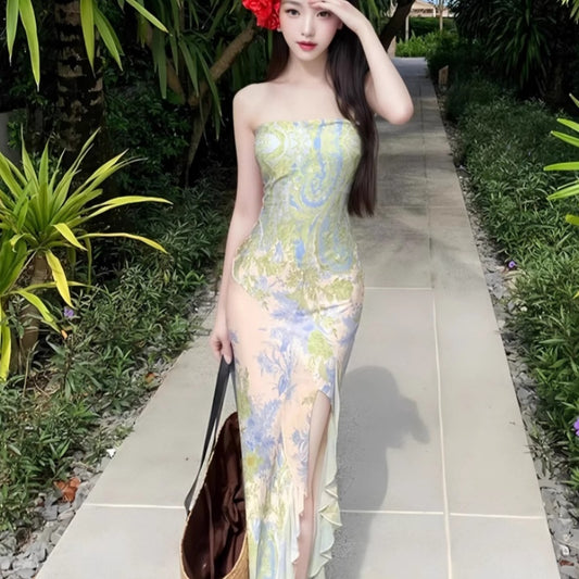 Women’s Asymmetric Floral Chest-Wrap Long Dress – Sleeveless Summer Maxi, S–L