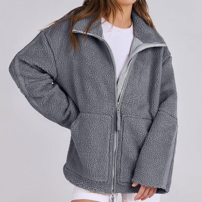 Women’s Cozy Winter Zip-Up Coat – Lapel Collar Fleece Jacket with Pockets hanyelevate