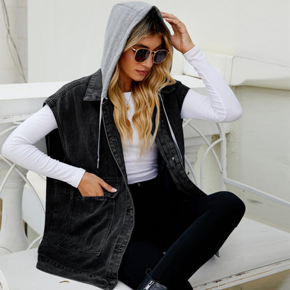 Unisex Denim Lapel Jacket – Casual Streetwear with Hood & Detachable Hood Options