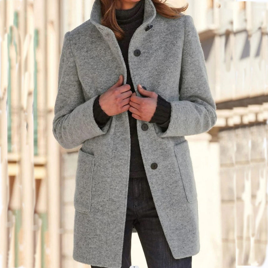Women’s Stand Collar Woolen Coat – Casual Fall Winter Button Outwear with Pockets hanyelevate