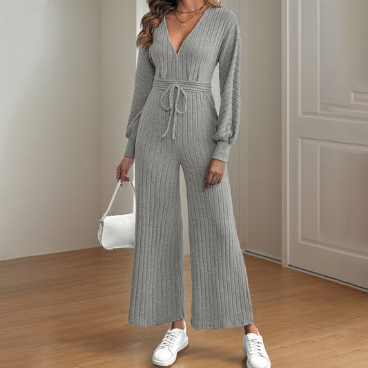 Women’s Gray Wide Leg Pants Outfit with V-Neck Lace-Up Top – Batwing Sleeve Casual Set, S–XL