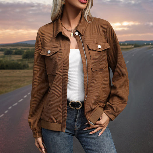 Women’s Solid Brown Loose Fit Long Sleeve Top – Polyester Casual Blouse S–XL