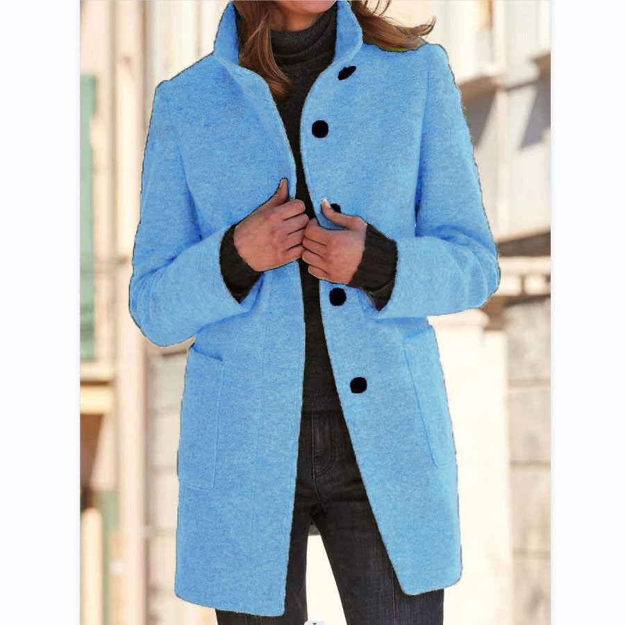 Women’s Stand Collar Woolen Coat – Casual Fall Winter Button Outwear with Pockets hanyelevate