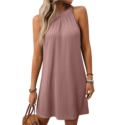 Women’s Sleeveless Knitted Jacquard Mid Skirt – Solid Color Street Fashion