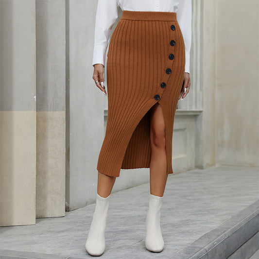 Women’s Camel Hip Skirt – High Elasticity Mid Skirt with Button Detail | S–L