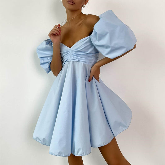 Women’s Puff Sleeve Cotton Dress – High Waist Short Sleeve Summer Outfit | S–L | White, Black, Rose Red, Green, Light Blue