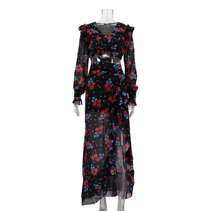 Women’s Sexy Floral Print Long Dress – Ruffle Hem, Long Sleeve Maxi Dress | S–L | Polyester