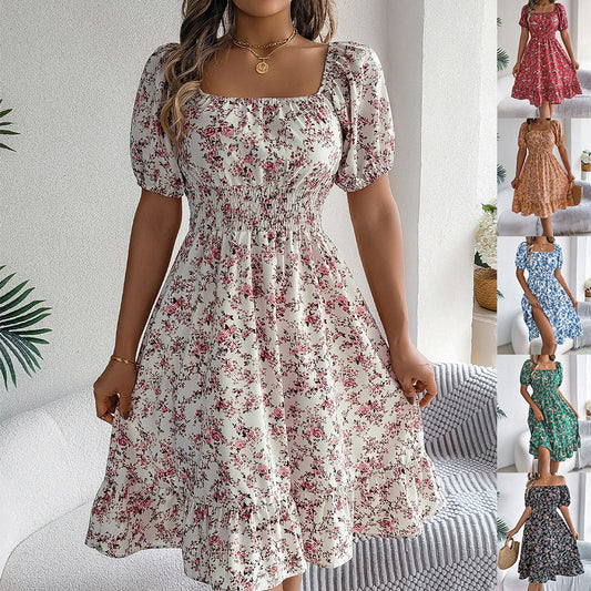 Summer Fashion Ruffle Dress – Women’s Floral Print Square Neck Dress hanyelevate