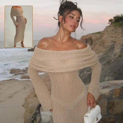 New Long-Sleeved One-Shoulder Knitted Dress – Perfect for Beach and Vacation hanyelevate