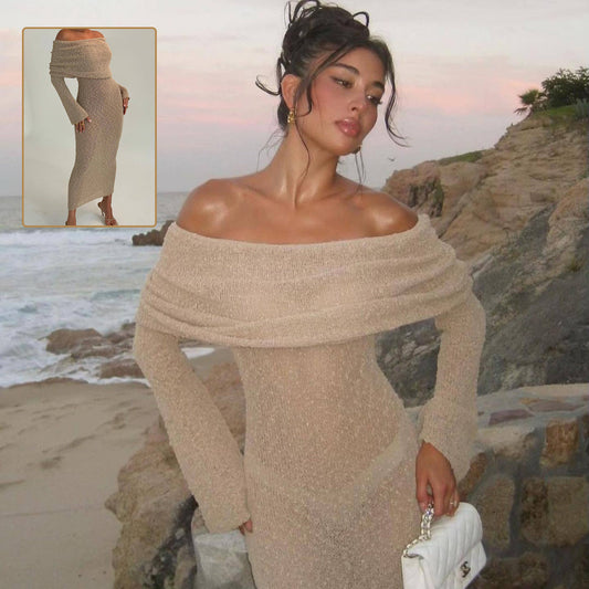 New Long-Sleeved One-Shoulder Knitted Dress – Perfect for Beach and Vacation hanyelevate