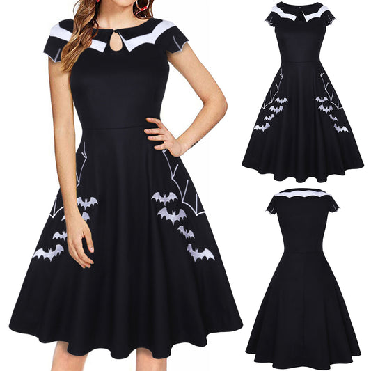 Women’s Black Embroidered Swing Dress – High Waist Cotton Elegance